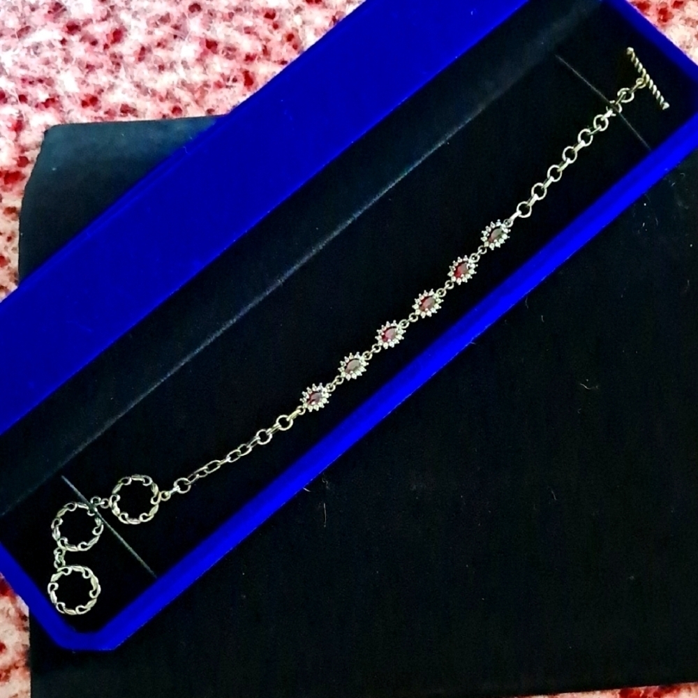 Anthill Garnet and White Zircon Toggle Clasp Bracelet in 925 Sterling Silver.